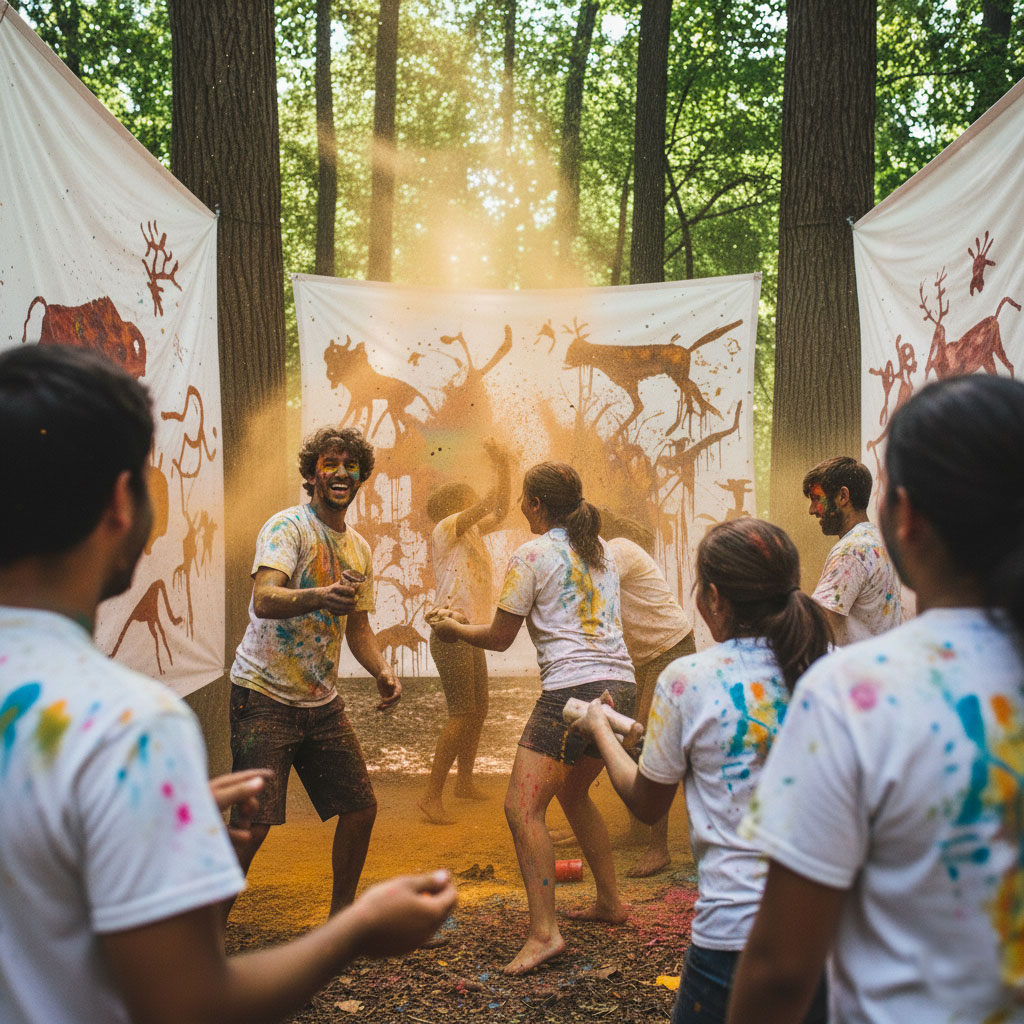 groupe rigolant pendant l'atelier de peinture projetée Make Fire Sauvage