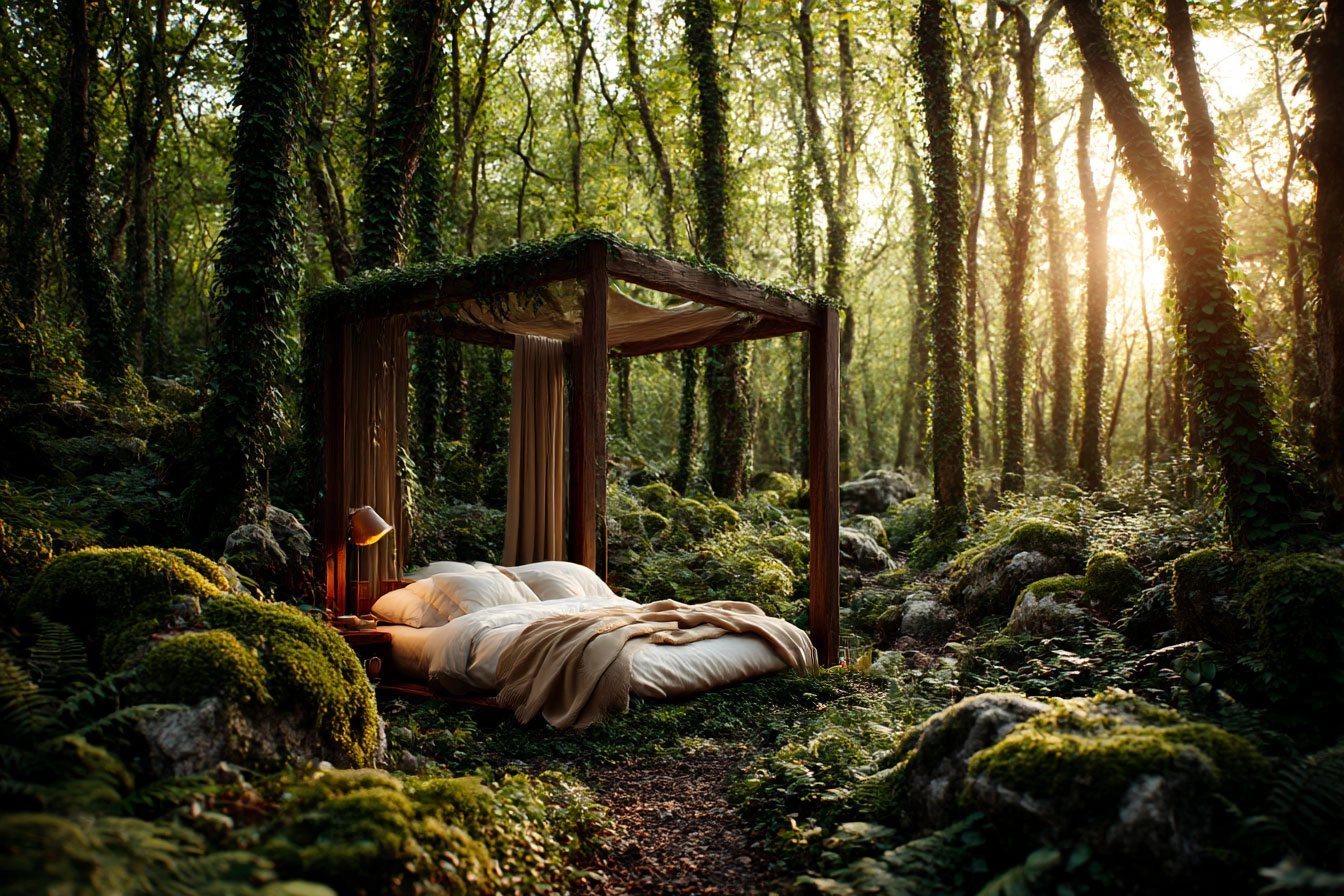 un lit comfortable en pleine forêt