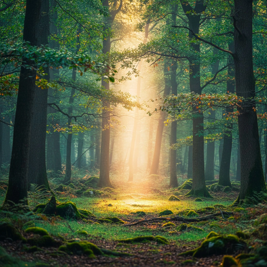 Image de forêt enchantée avec halo de lumière