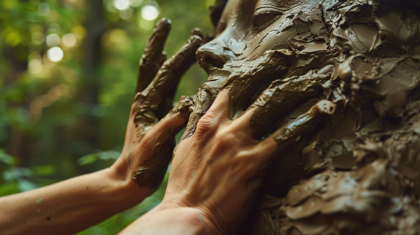 atelier modelage xxl des mains sur une tête de glaise en zoom